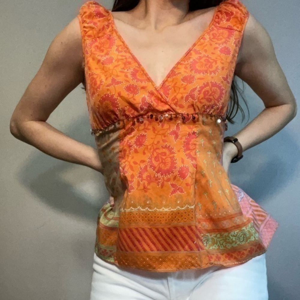 Bandolino 100% Silk Orange Puff Sleeve Blouse Gold Charms